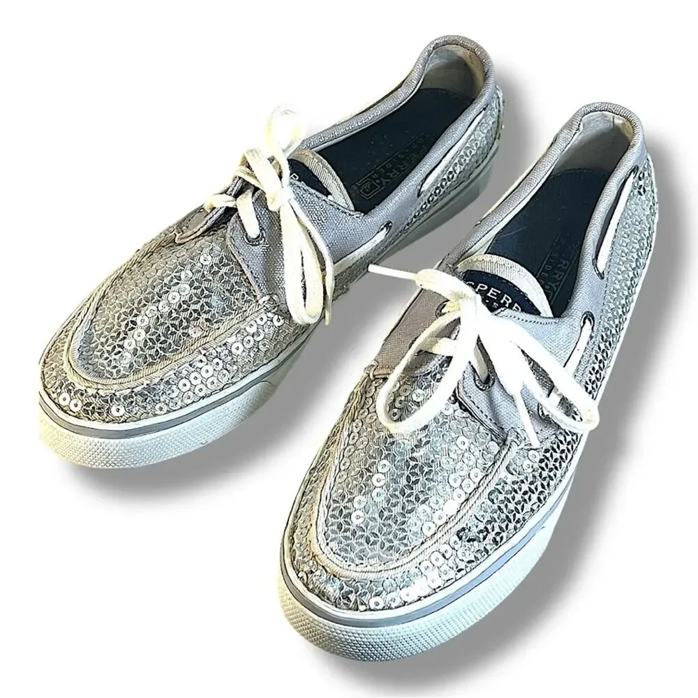 SPERRY TOP SIDERS Silver Sequin and Ivory or beige SZ 7.5